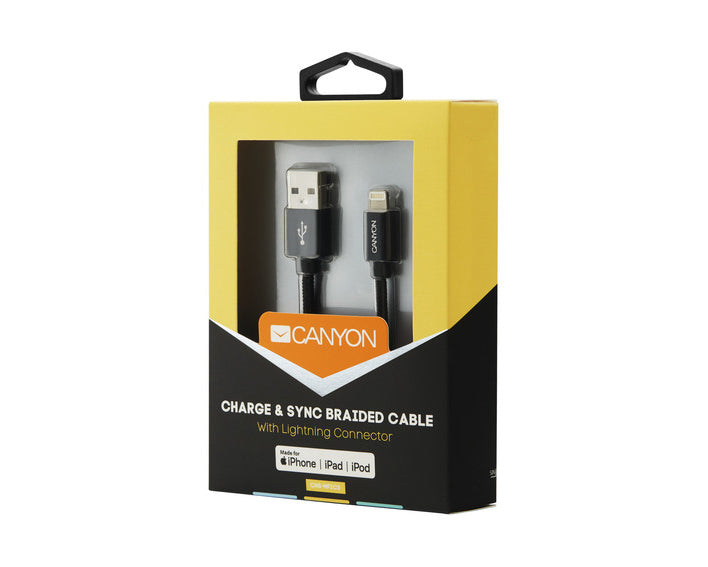 Canyon MFI-3 Lightning To USB Cable Braided 12W 1Mtr Black