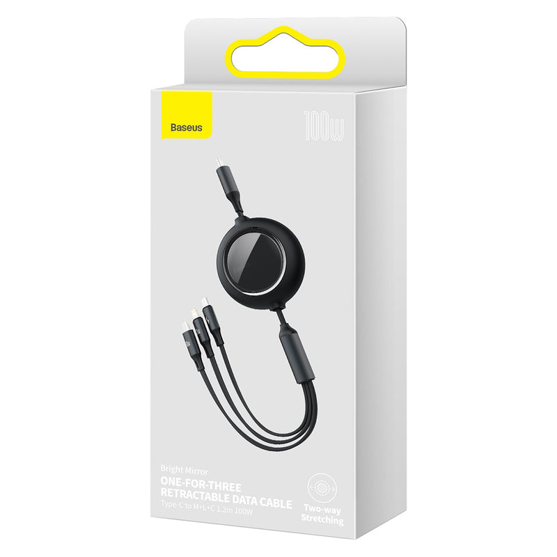 Baseus Bright Mirror One-for-three Retractable Data Cable Type-C to M+L+C 1.2m 100W Black (CAMLC-AMJ01)