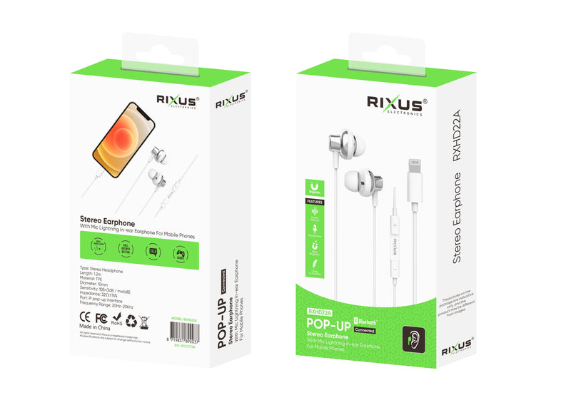 Rixus RXHD22A For iOs Stereo Earphone (Pop-Up) Bluetooth White