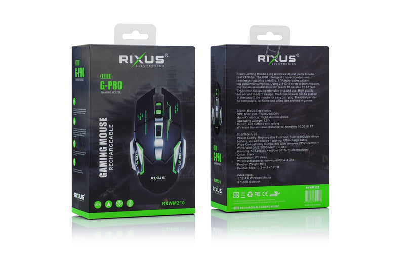 Rixus RXWM210 Wireless Gaming Mouse G-Pro Black Green