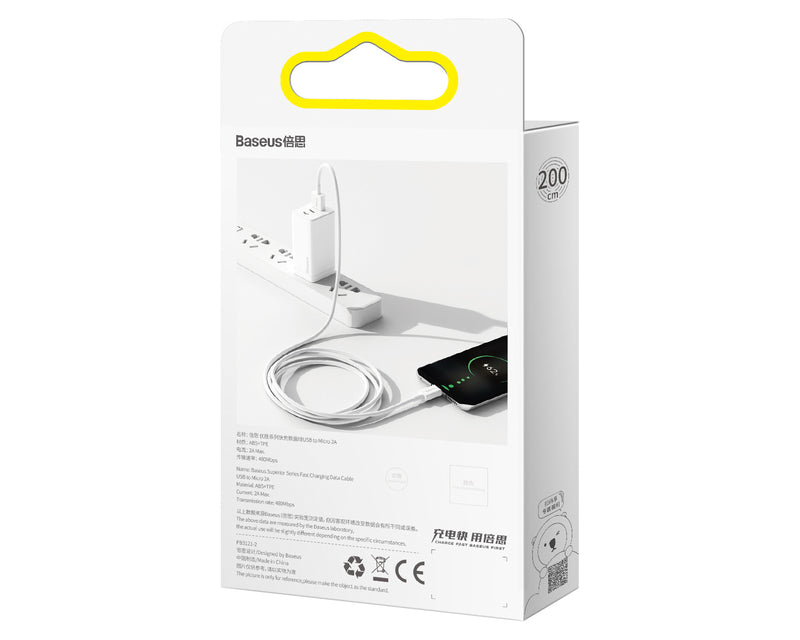 Baseus Superior Series Fast Charging Data Cable USB To Micro USB 2A 2m White (CAMYS-A02)