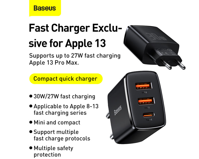 Baseus Compact Quick Charger 2 USB And 1 USB-C 30W EU Black (CCXJ-E01)