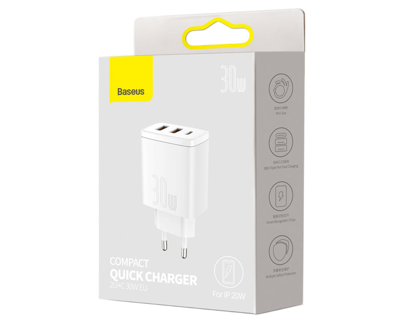 Baseus Compact Quick Charger 2 USB And 1 USB-C 30W EU White (CCXJ-E02)
