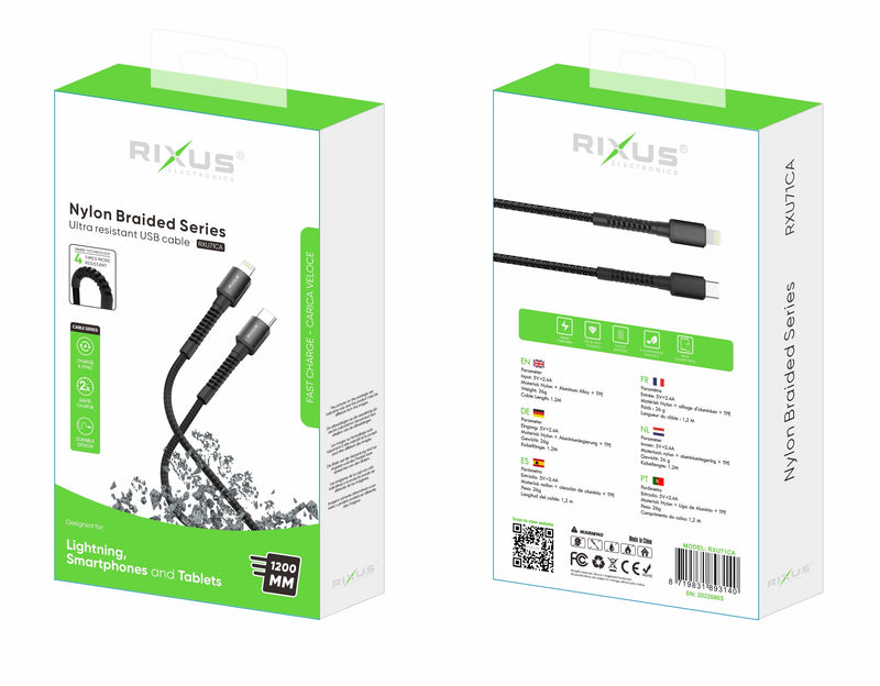 Rixus RXU71C Nylon Braided USB-C To USB-C Cable 1.2mtr Black