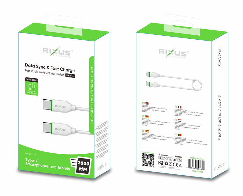 Rixus RX2016 Data Sync And Fast Charge Cable Type-C to Type-C 200cm