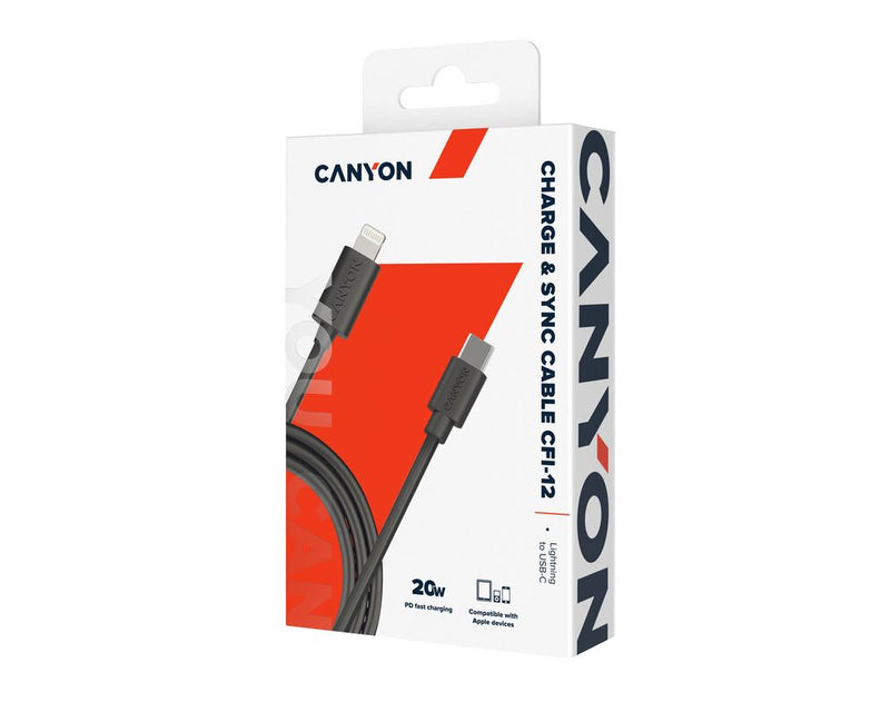 Canyon USB-C To Lightning CFI-12 5V 3A, 9V 2.22A ,PD 20W, OD 4.5MM, 2 Mtr, PVC White