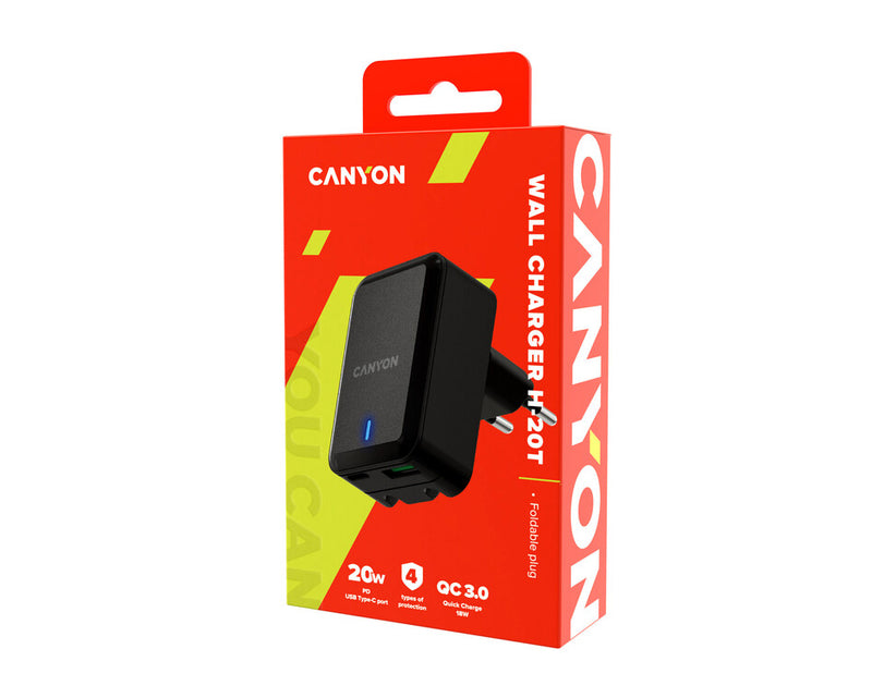 Canyon Foldable Wall Charger H-20T USB-C And OC 3.0 Black