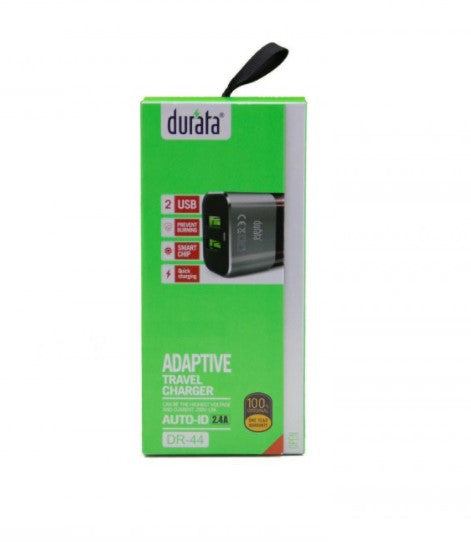 Durata Adaptive Travel Adaptor with Dual USB Black/Grey+ Micro USB Data Cable (DR-44)