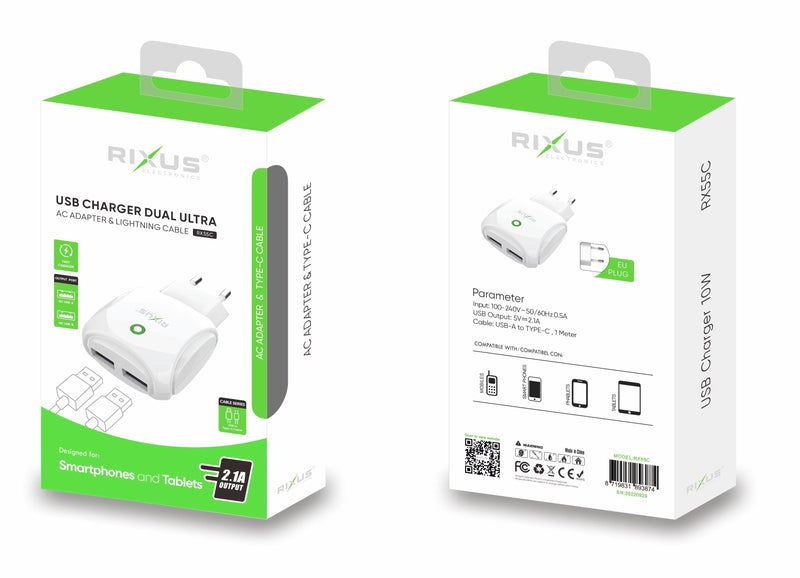 Rixus RX55C Fast Dual Charger 2.1A  And Type C USB Cable White