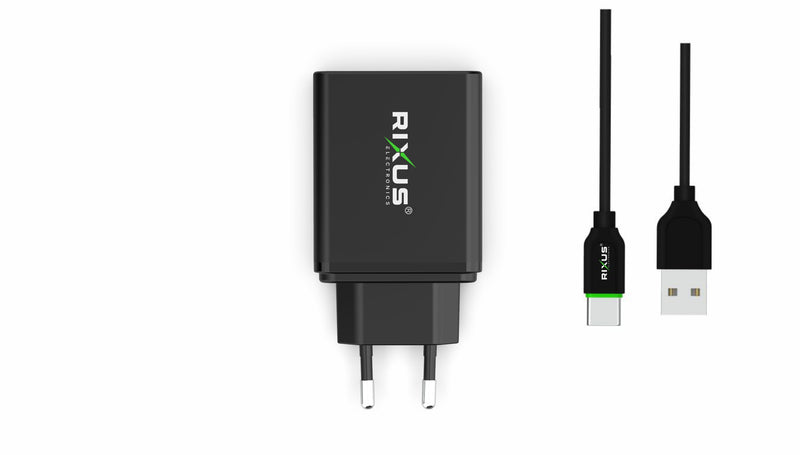 Rixus RX70B Dual USB And PD Charger With USB To Type-C Cable Black